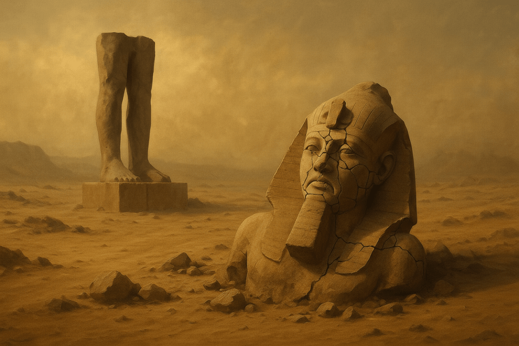 Duas pernas de pedra sem tronco erguem-se no deserto vazio, enquanto um rosto despedaçado com expressão de arrogância jaz meio enterrado na areia — o "colossal destroço" que um dia foi o Rei dos Reis.