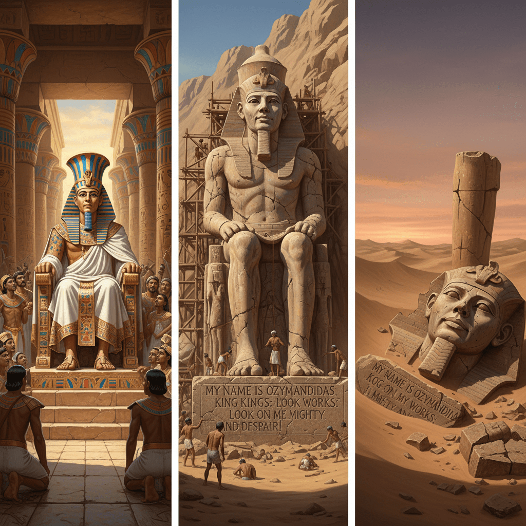 Os três momentos da jornada de Ozymandias: o faraó poderoso em seu trono, a estátua sendo construída com a inscrição arrogante, e finalmente apenas ruínas cobertas pelas areias do tempo — a passagem inevitável da glória ao esquecimento.
