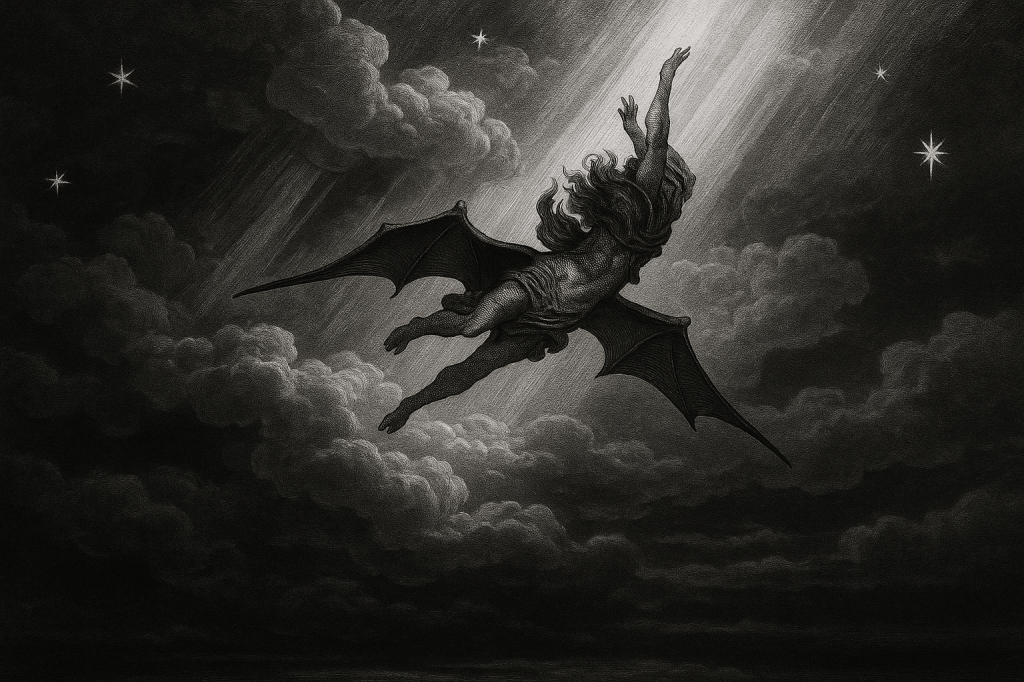 Lúcifer, o anjo mais brilhante, cai do Céu em um ato de rebelião trágica e majestosa — preferindo reinar no Inferno a servir no Céu.