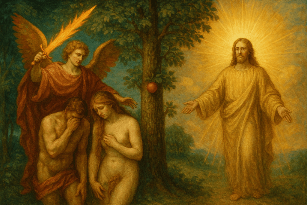  A dualidade da queda feliz: Adão e Eva expulsos do Paraíso, mas com a promessa luminosa da redenção através de Cristo — transformando tragédia em esperança.