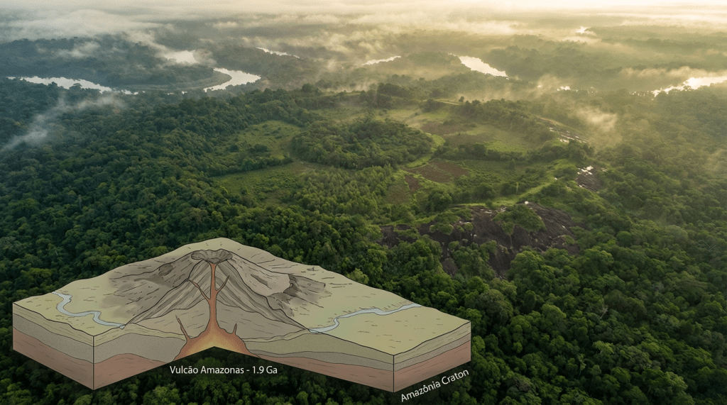 Uma visualização artística e educativa do vulcão mais antigo do mundo, combinando uma vista aérea da floresta amazônica com um corte geológico que revela a estrutura vulcânica de 1,9 bilhão de anos escondida sob a vegetação. A imagem transmite o mistério e a antiguidade desse gigante adormecido.